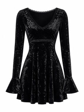 Widow Black Velvet V-Neck Fit & Flare Dress